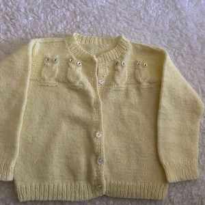 Vintage hand knitted owl baby yellow cardigan - size estimate 0-3 months